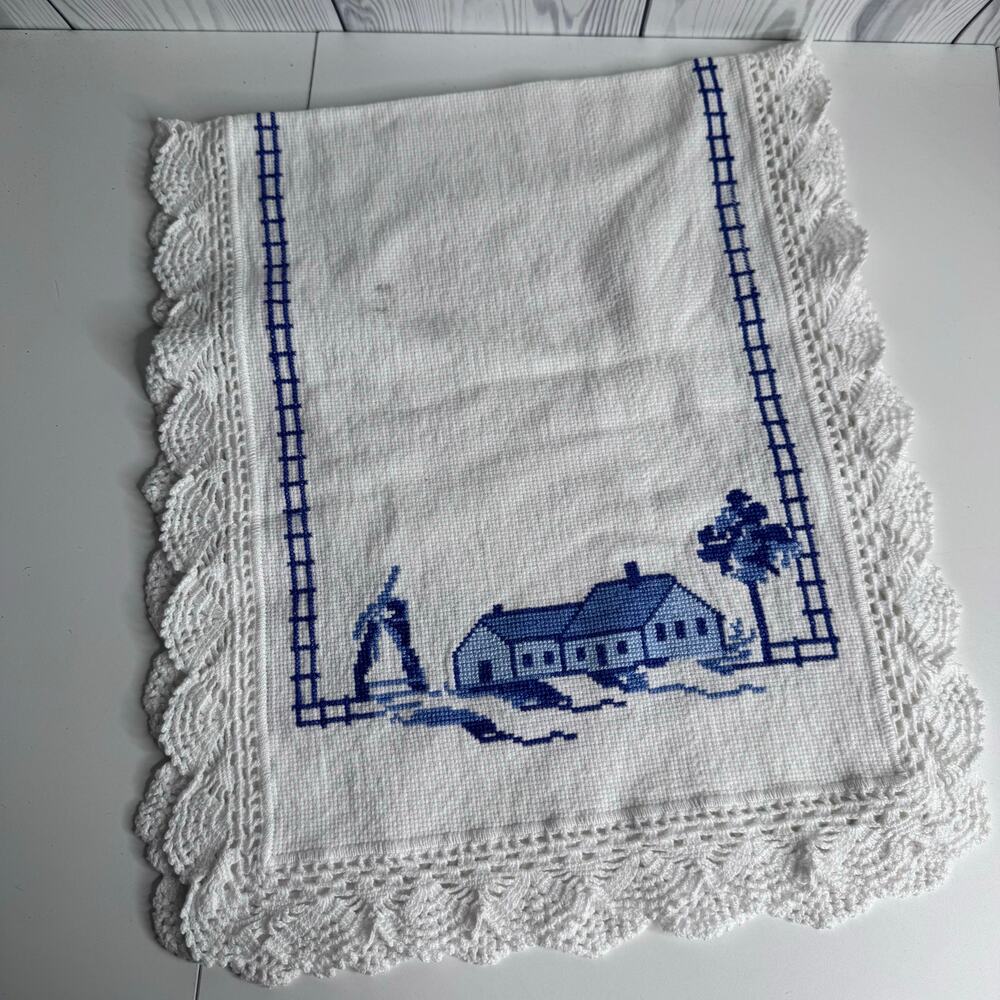 Vintage Embroidered Table Runner Dresser Scarf Blue Farmhouse Country Cottage